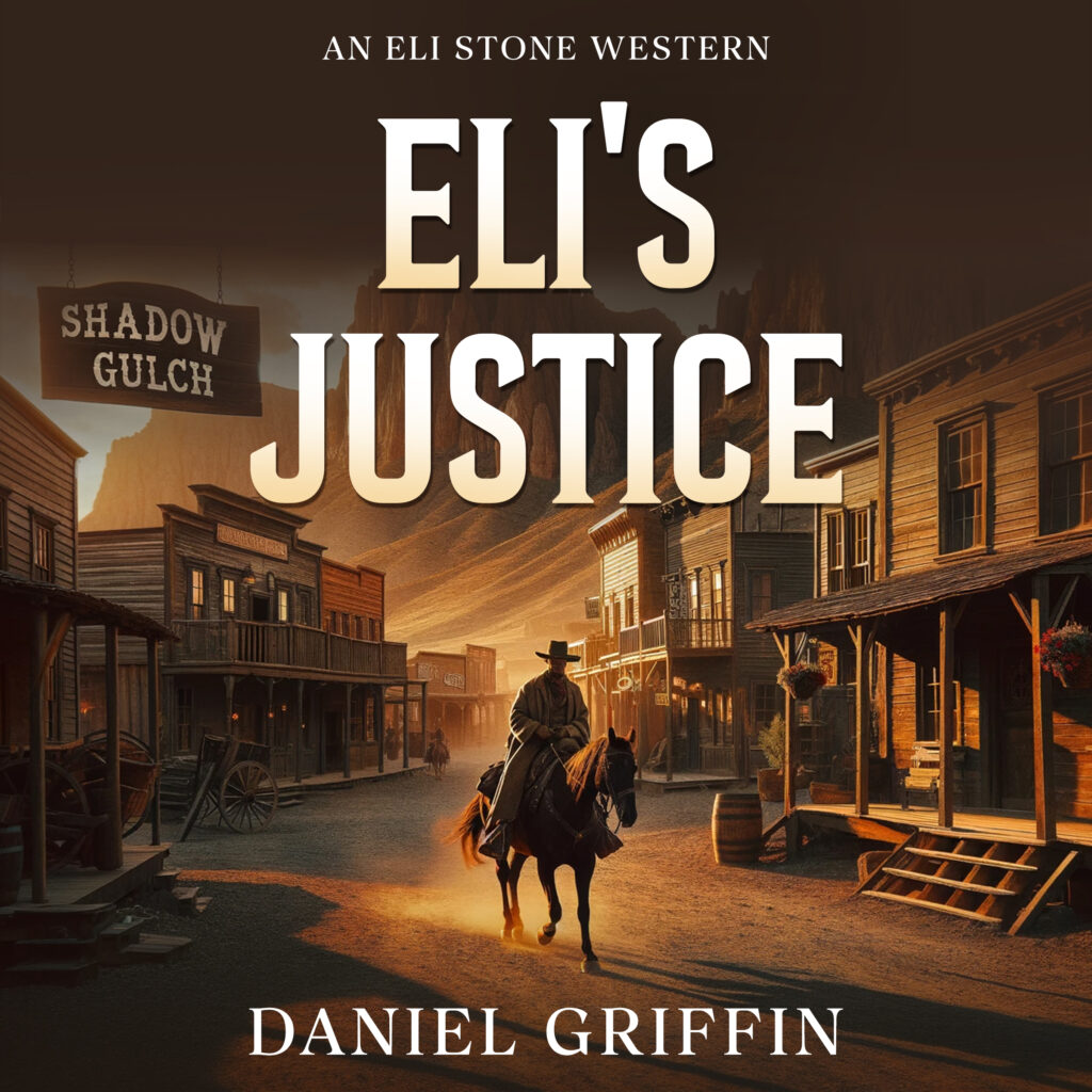 Old western street scene with horse and rider.
