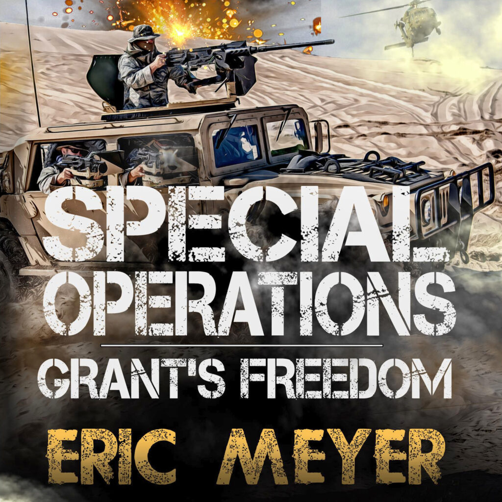 Military vehicle with gunner in turret. Exploding ordinance in background