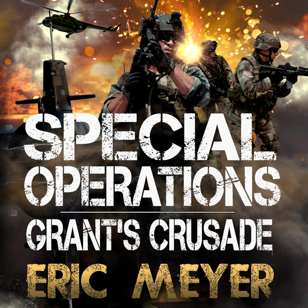 Military action scene. Soldiers, helicopters and a submarine.