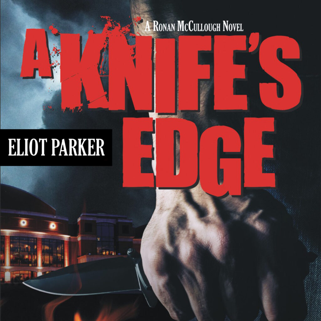 Book cover, Title, hand holding knife.