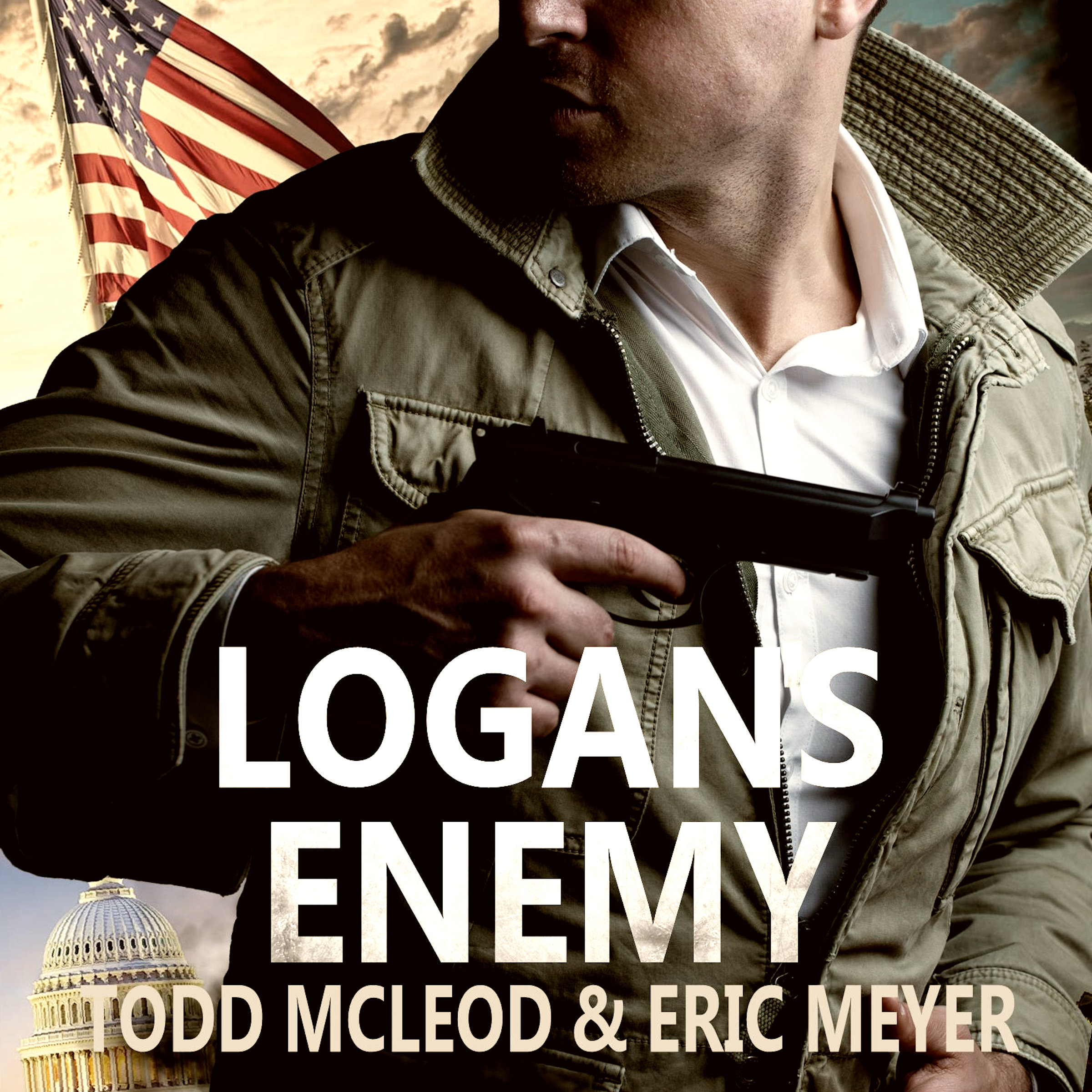 Uniformed soldier with handgun in front of American flag