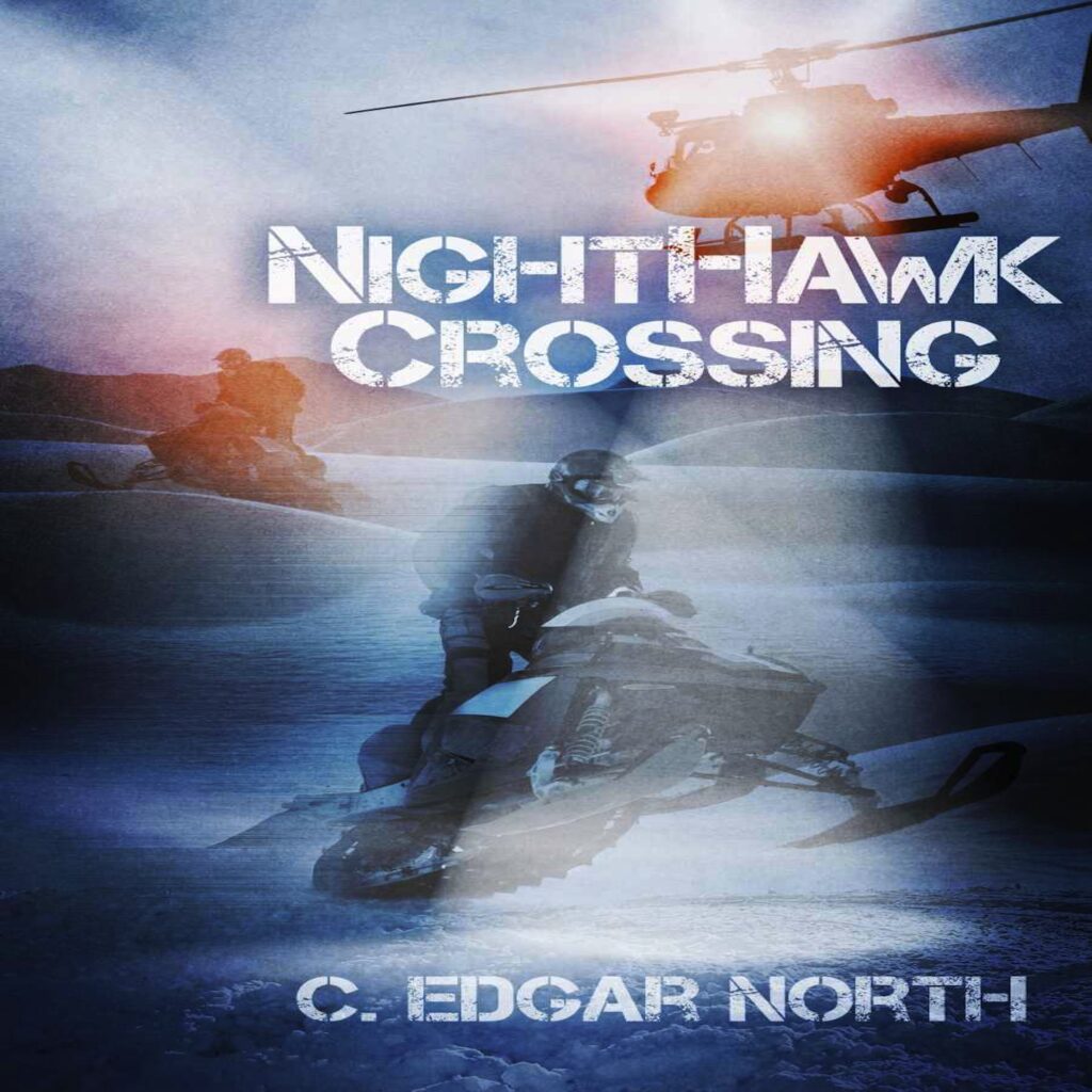 Blurred winter scene with snowmobiles and a helicopter overhead