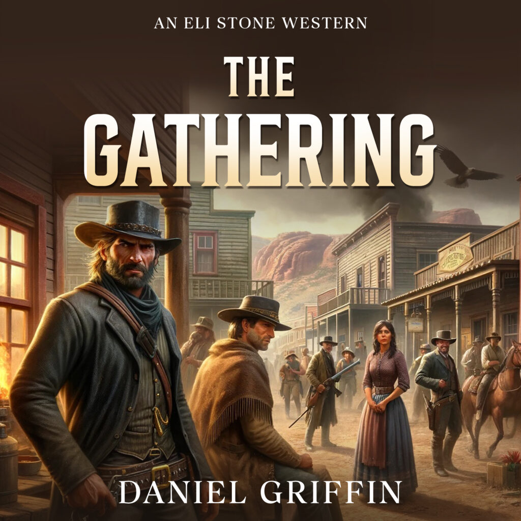 Old western town scene with multiple people