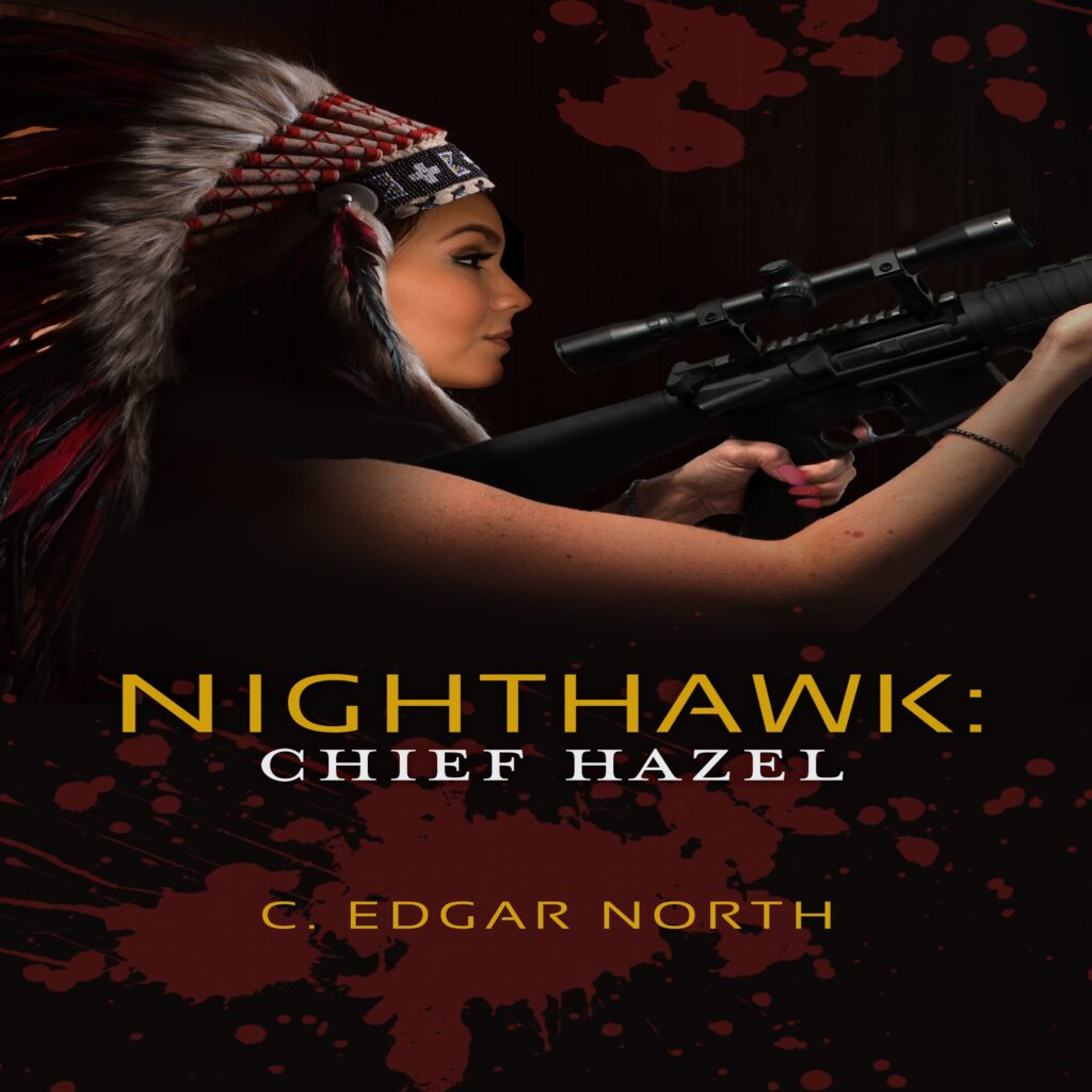 Chief Hazel wearing headdress sighting through a rifle